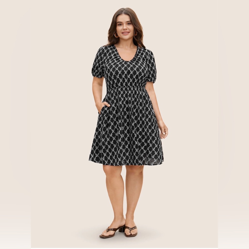 BloomChic Black White Geometric Dress 1X NWT Puff Sleeve Work